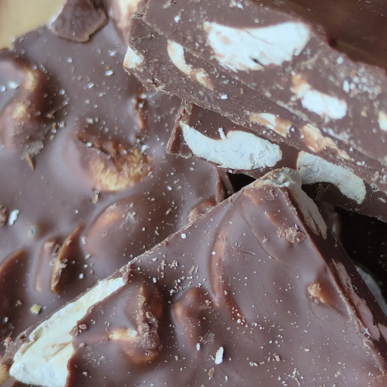 Carrés de chocolat au lait Cajou et sel de mer gros plan